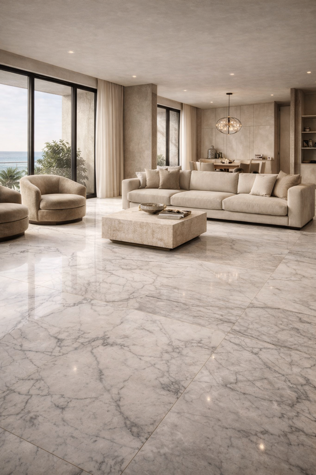 Afyon White Turkish marble flooring used in Cmilano luxury interior design Chennai