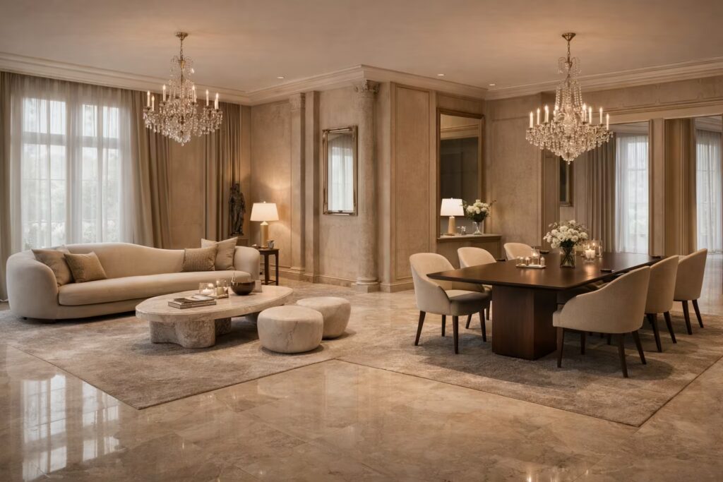 Elegant luxury living and dining space with marble flooring — Cmilano Social Spaces