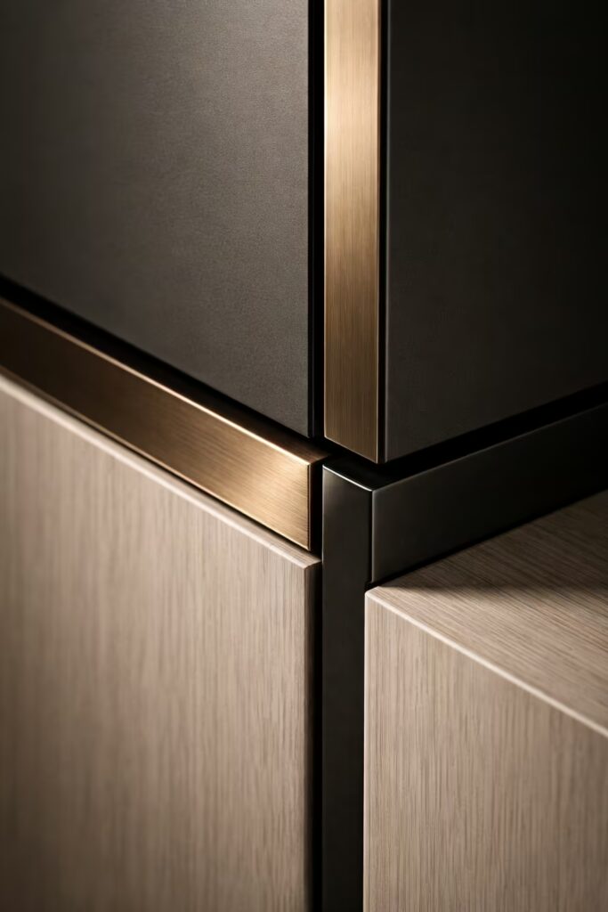 European brushed bronze and matte metal accents in Cmilano luxury interiors Chennai