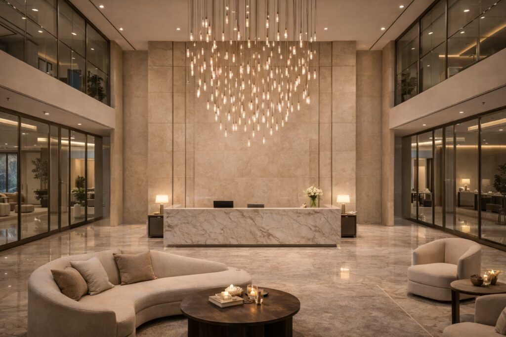 Grand commercial lobby with marble reception and modern architectural design — Cmilano Commercial Landmark