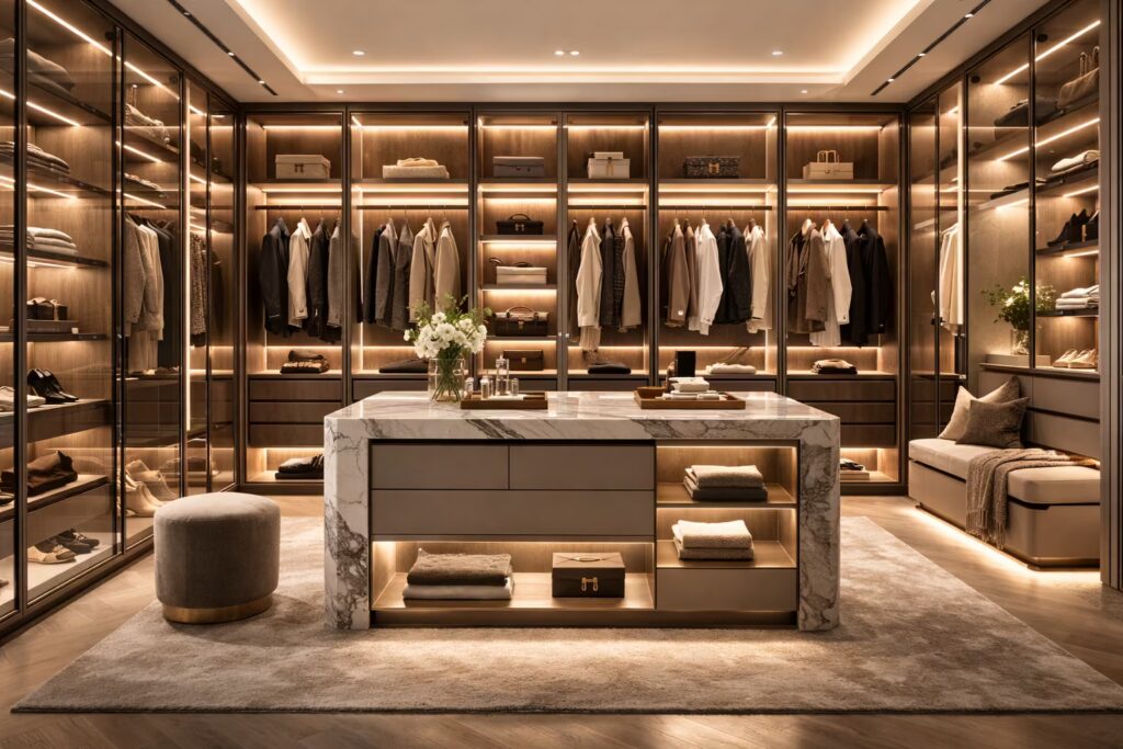 High-end walk-in closet with glass wardrobe units and LED lighting — Cmilano Wardrobe Galeria