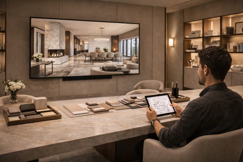 Interior designer reviewing 3D virtual walkthrough on large digital screen — Cmilano Virtual Walkthroughs