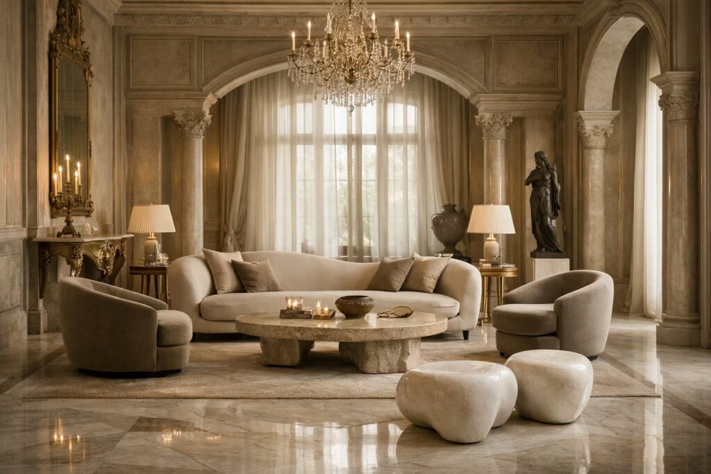 Luxury European-inspired interior with marble flooring and sculptural furniture — Cmilano Story