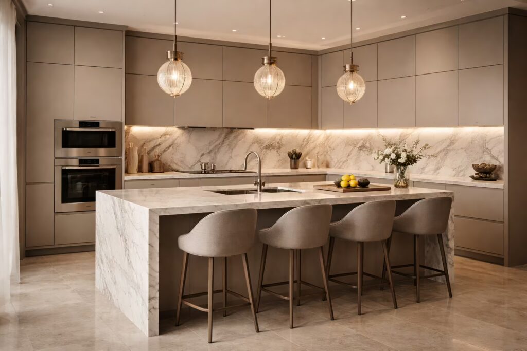Luxury Italian-style modular kitchen with marble island and premium cabinetry — Cmilano Culinary Studios