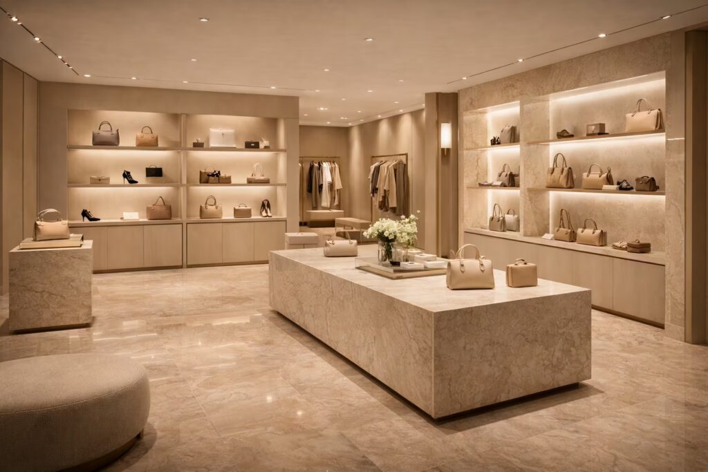 Luxury boutique showroom with elegant display lighting and marble flooring — Cmilano Boutique Retail