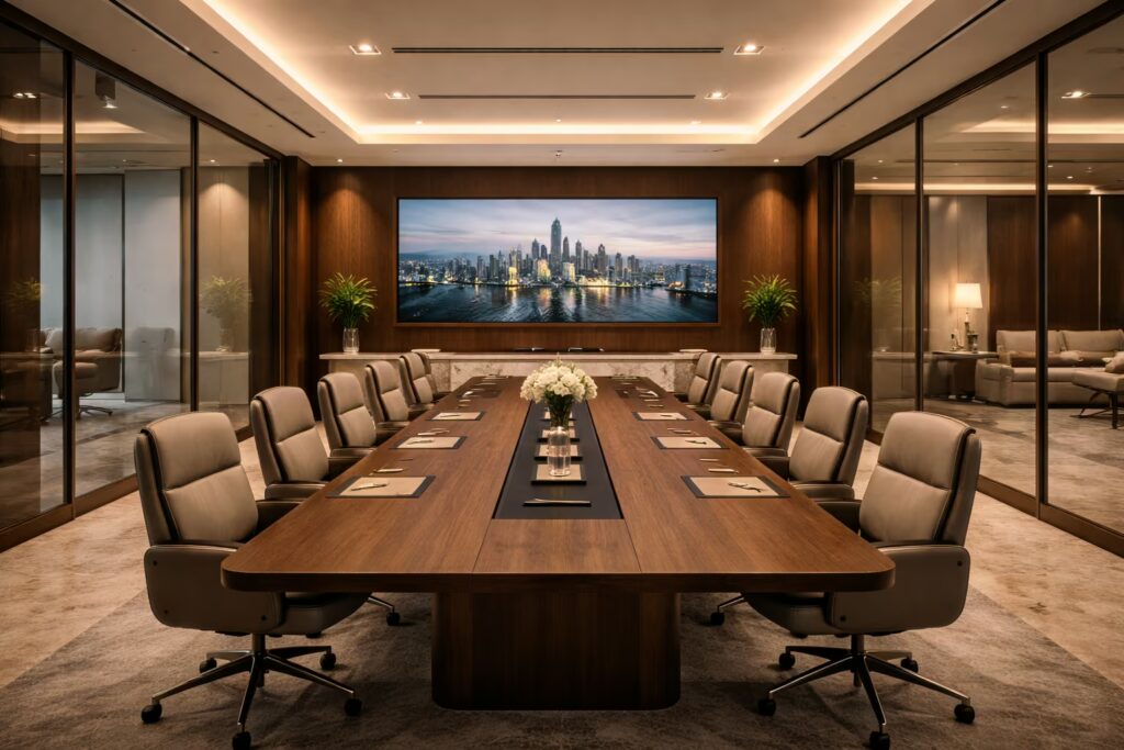 Luxury executive boardroom with walnut conference table and modern glass interiors — Cmilano Executive Boardrooms