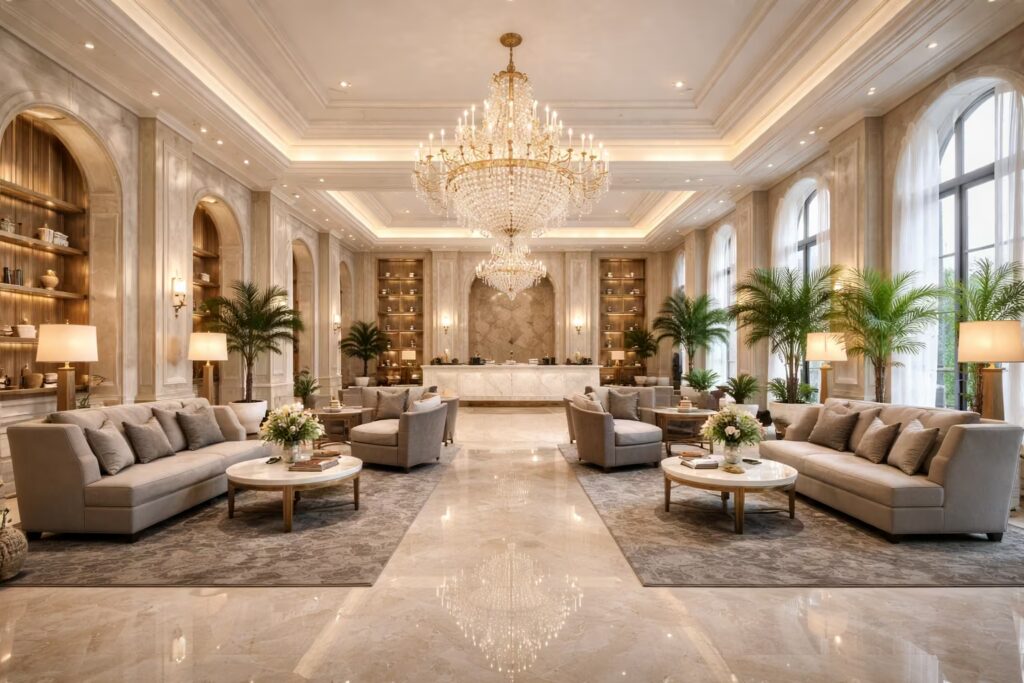 Luxury hotel hall interior with grand crystal chandelier, marble flooring, elegant beige sofas, tall arched windows, indoor palm plants, and symmetrical classical European design.