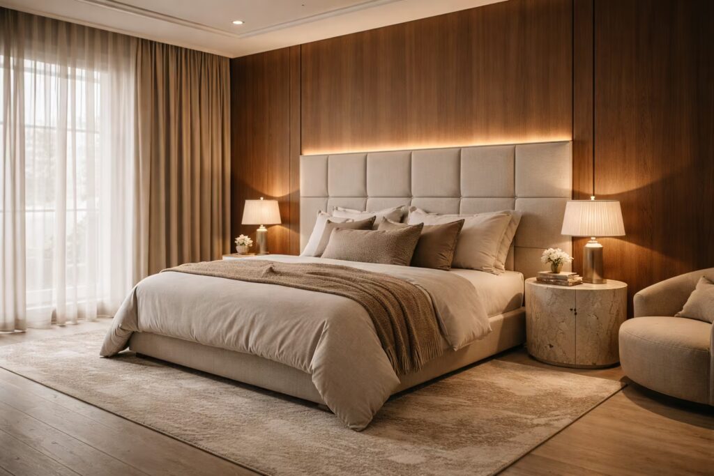 Luxury master bedroom with custom headboard and ambient lighting — Cmilano Master Suites