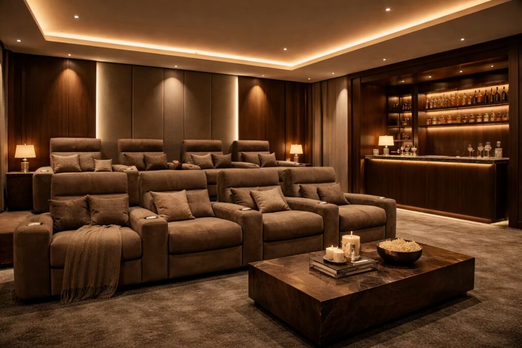Luxury private home theater lounge with plush seating and ambient lighting — Cmilano Private Leisure