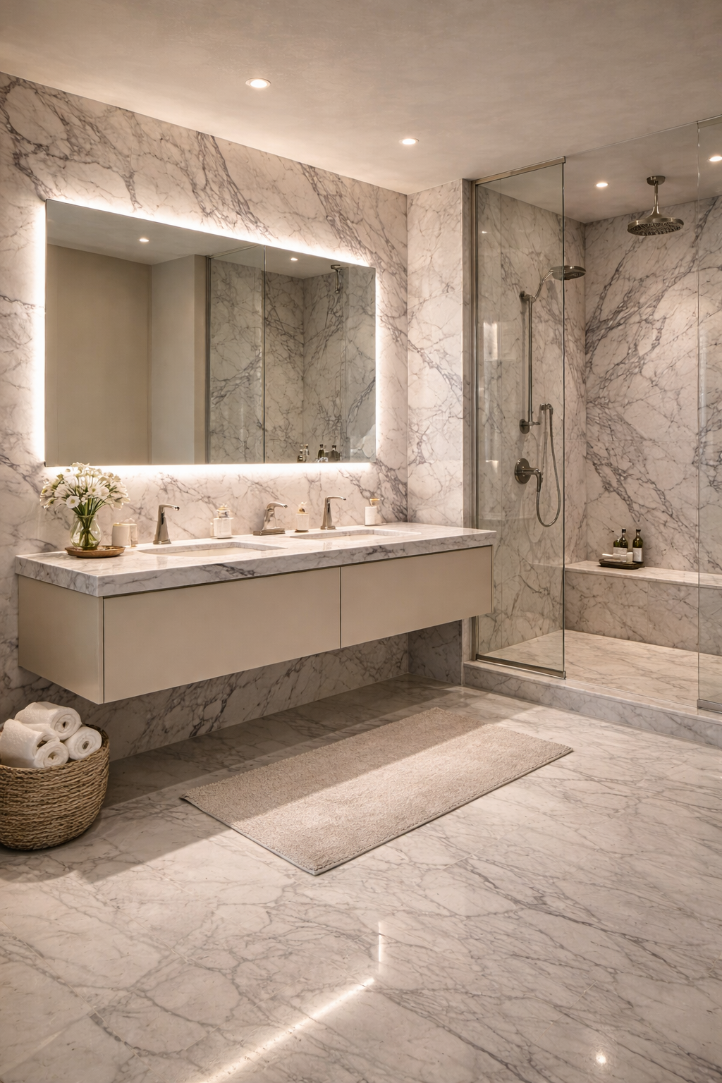 Milas Lilac Turkish marble bathroom designed by Cmilano interiors Chennai