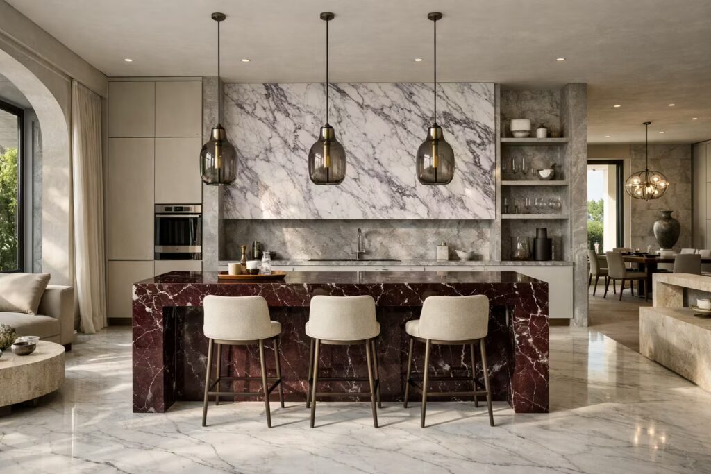 Premium Turkish marble flooring and feature wall used in Cmilano luxury Chennai interiors