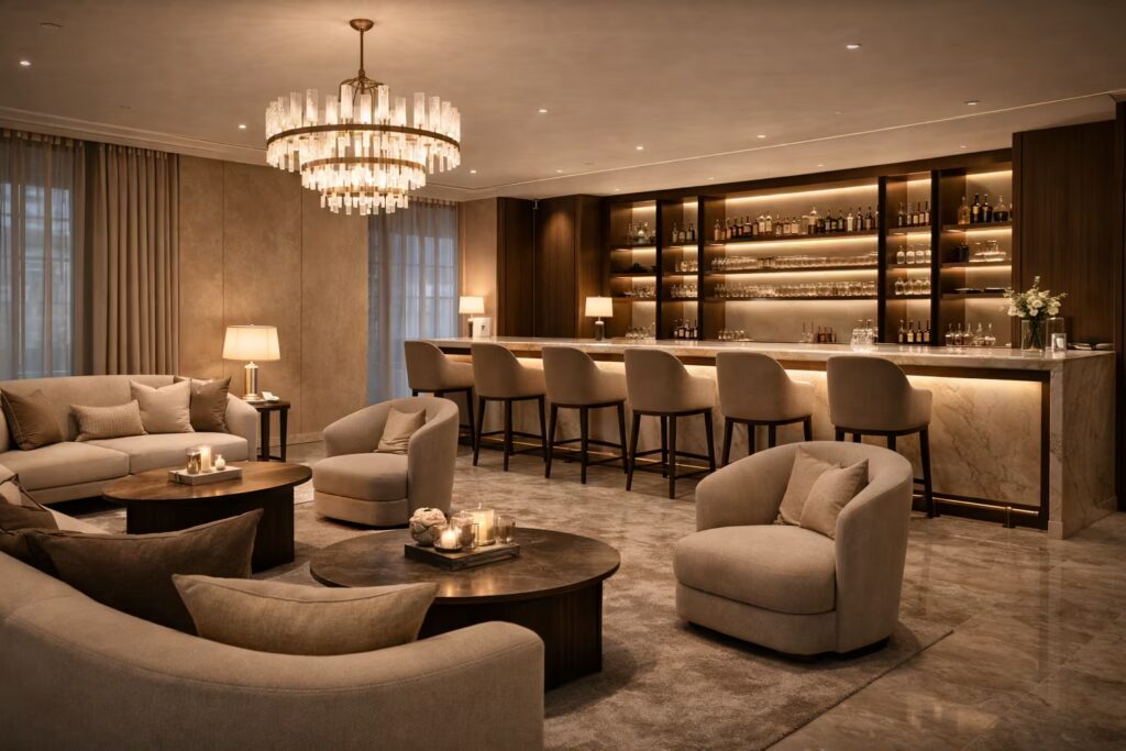 Premium hospitality lounge with marble bar and ambient lighting — Cmilano Hospitality & Lounges