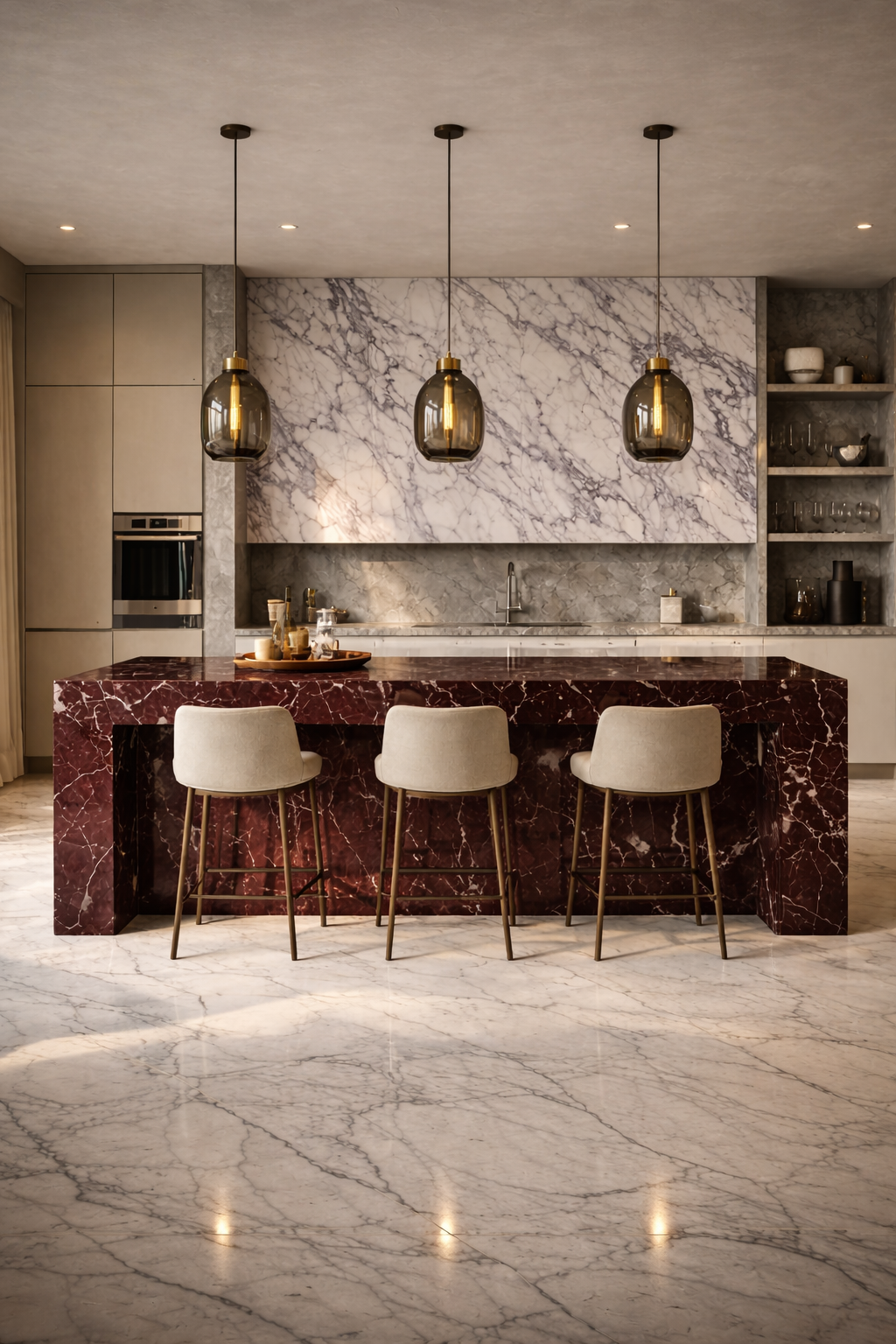 Rosso Levanto burgundy marble kitchen island in Cmilano high-end Chennai home
