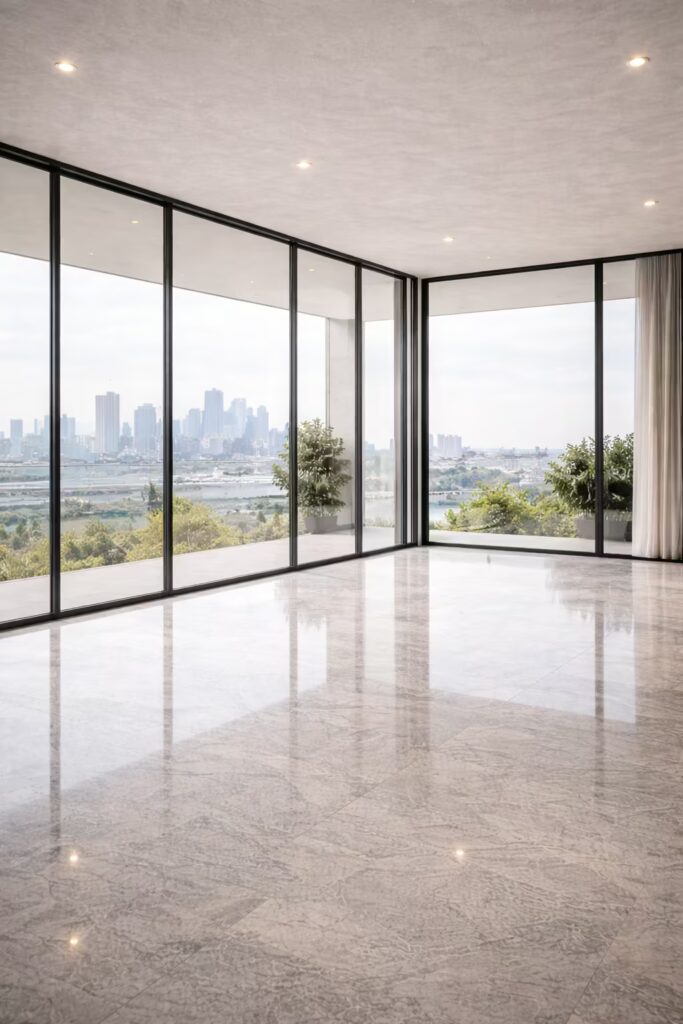 Slim aluminium glass partition system in Cmilano Chennai luxury apartment