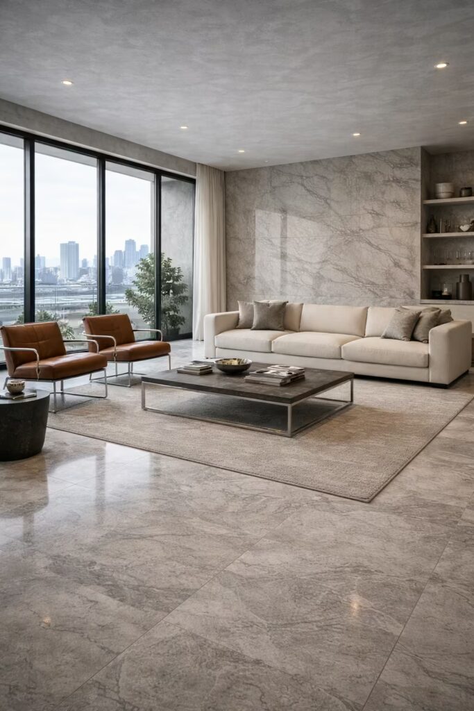 Tundra Grey marble flooring in modern urban Chennai apartment