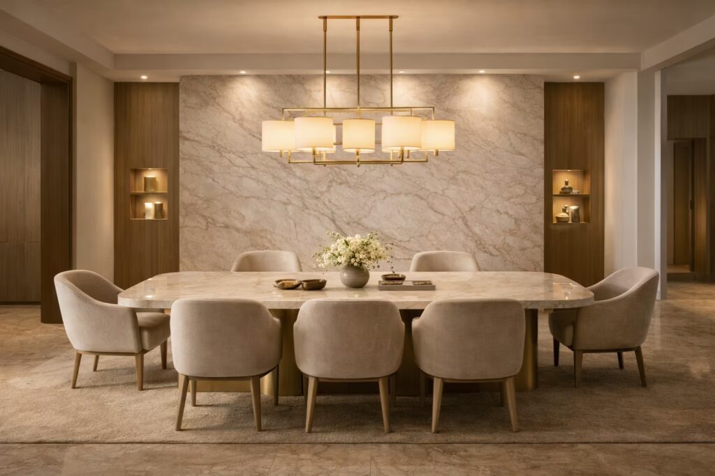 Turkish marble dining room luxury interior by Cmilano Chennai