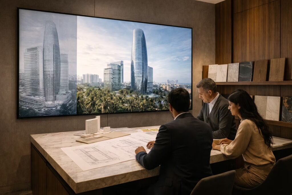 Architectural studio presenting luxury Chennai tower design blueprint