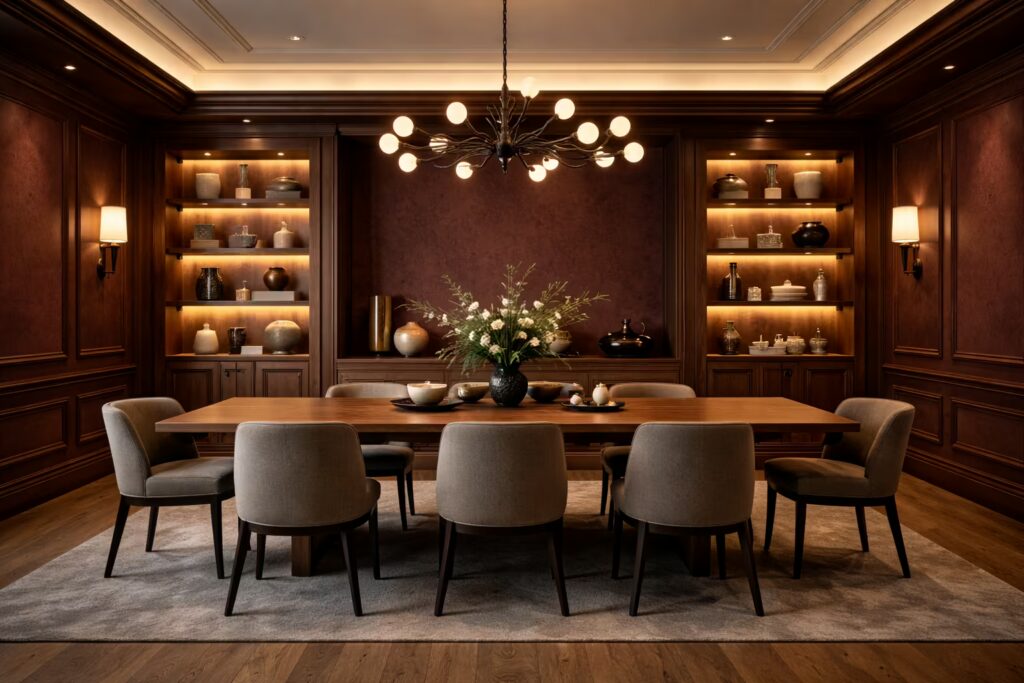 Burgundy European luxury dining room with sculptural lighting by Cmilano