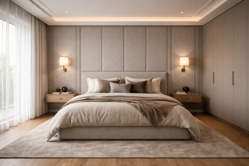 Calm European bedroom with upholstered panels and seamless wardrobes by Cmilano