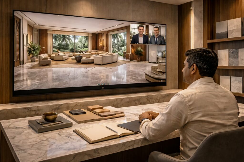 Client reviewing luxury home interior designs in modern studio meeting
