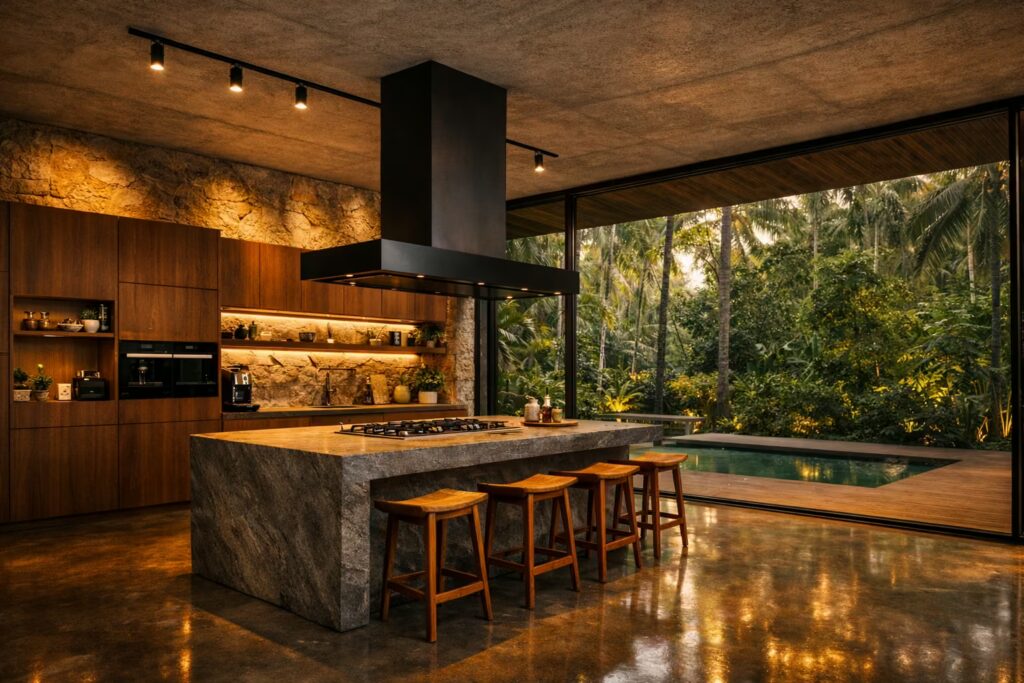 Cmilano contemporary luxury kitchen with stone island and open forest view.