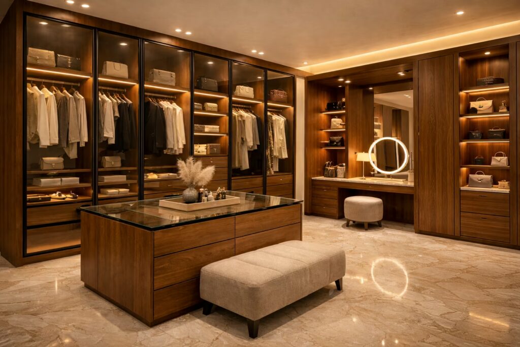 Cmilano luxury walnut walk-in wardrobe with Italian design, German engineered storage systems and marble flooring.