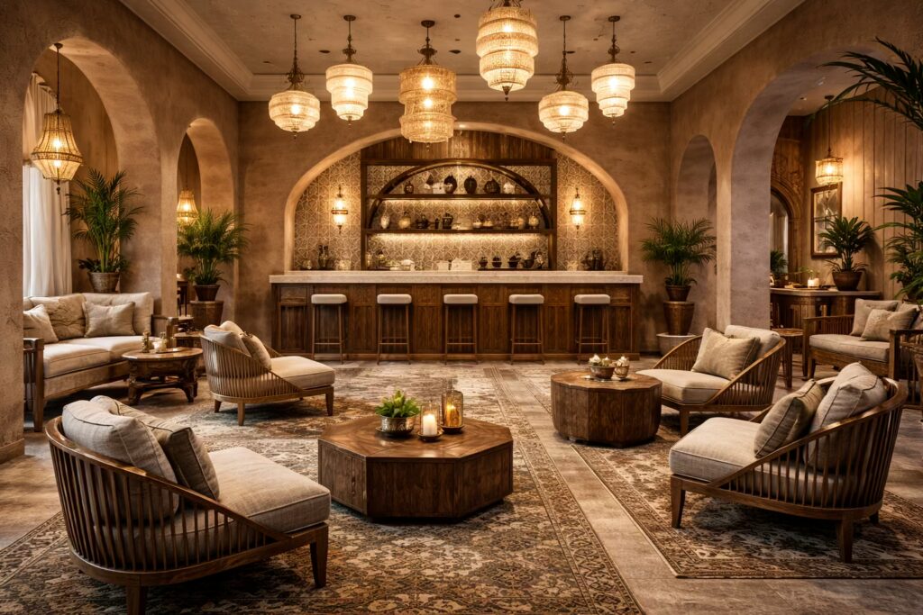 Contemporary Turkish café interior with textured walls and layered seating by Cmilano