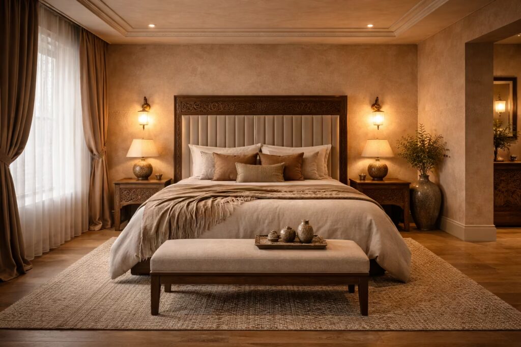 Earthy contemporary Turkish bedroom with layered drapery by Cmilano