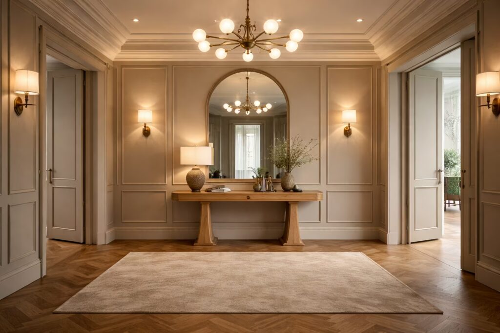 Elegant European foyer with mirror composition and statement lighting by Cmilano