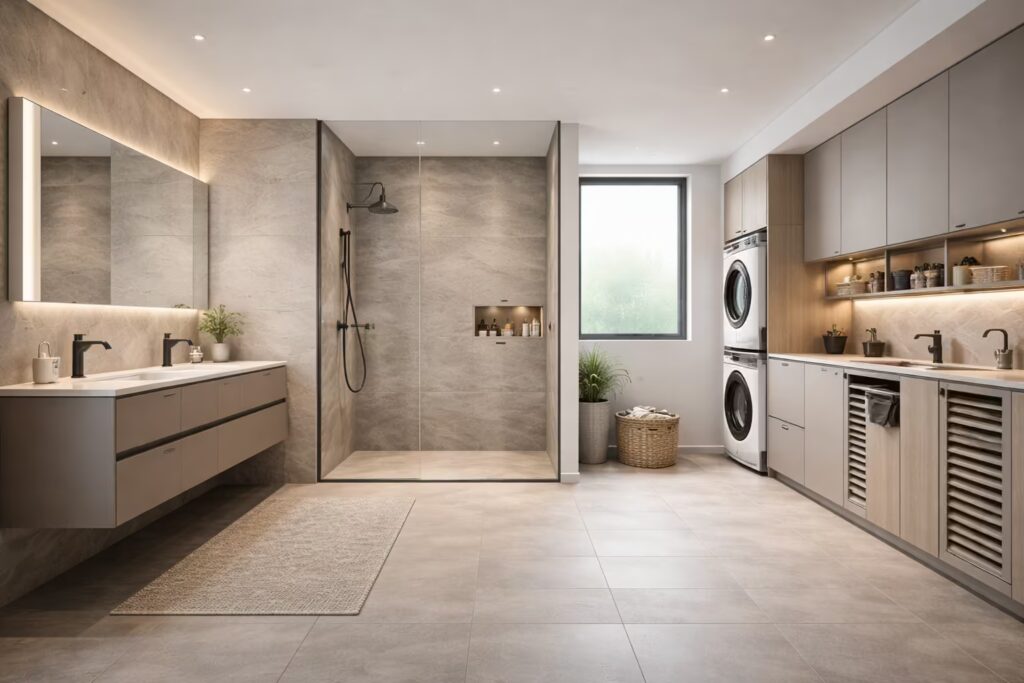 Engineered moisture-resistant bathroom and utility systems with precision drainage by Cmilano