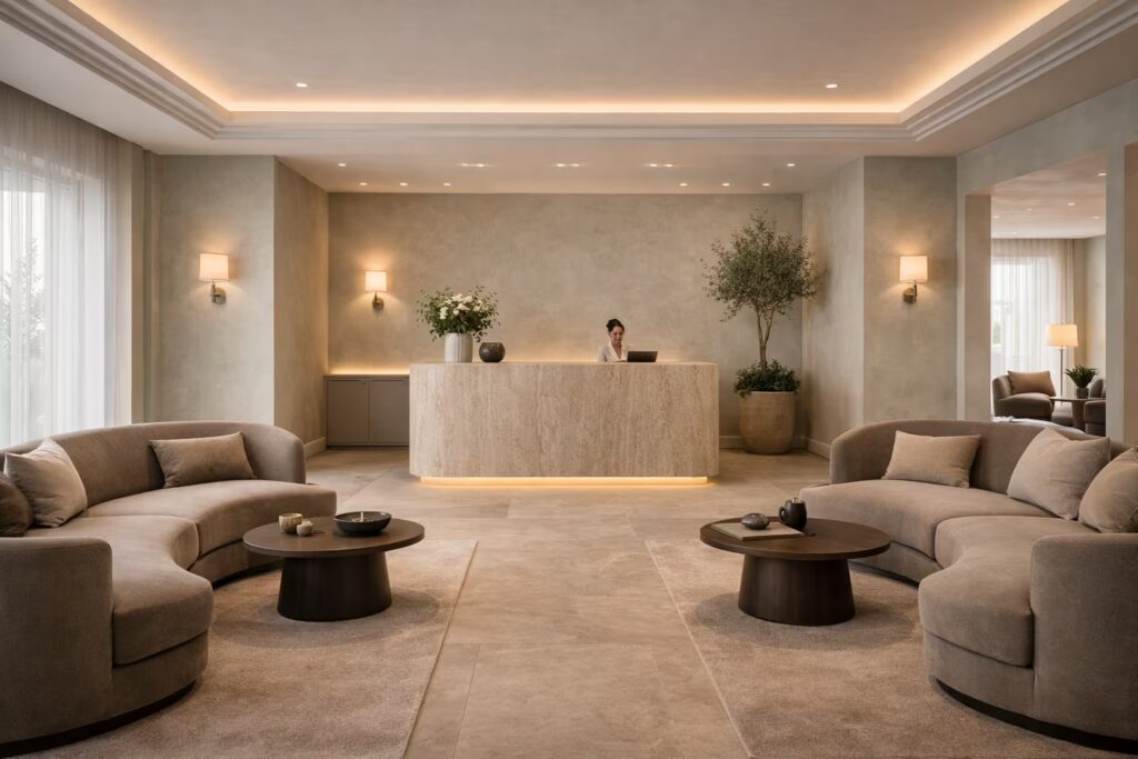 European-inspired hospitality and healthcare interior with calm lighting by Cmilano