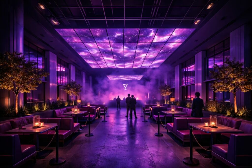 Futuristic luxury lounge with galaxy LED ceiling, purple lighting, leather booths and neon stage designed by Cmilano.