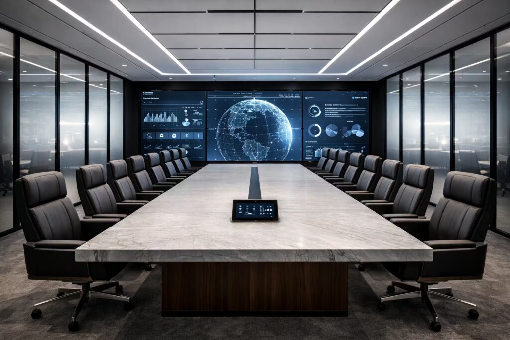 Futuristic smart boardroom with digital screens and automated glass technology by Cmilano.