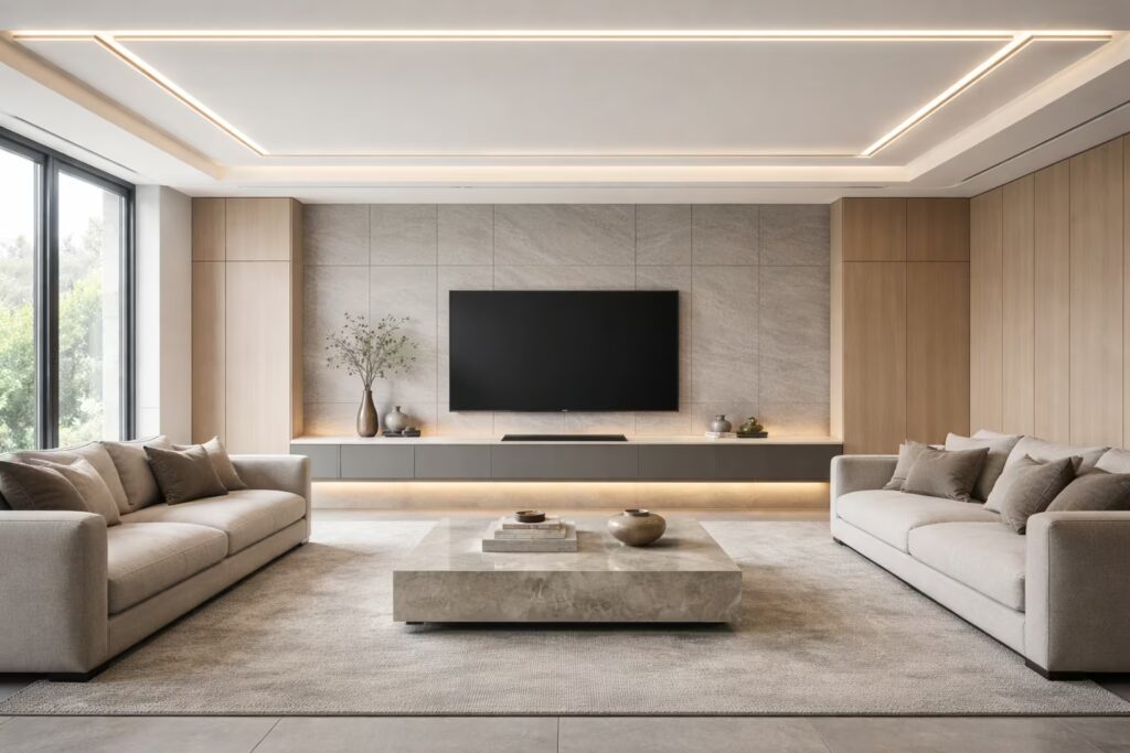 German-engineered living room with precision TV wall and storage systems by Cmilano