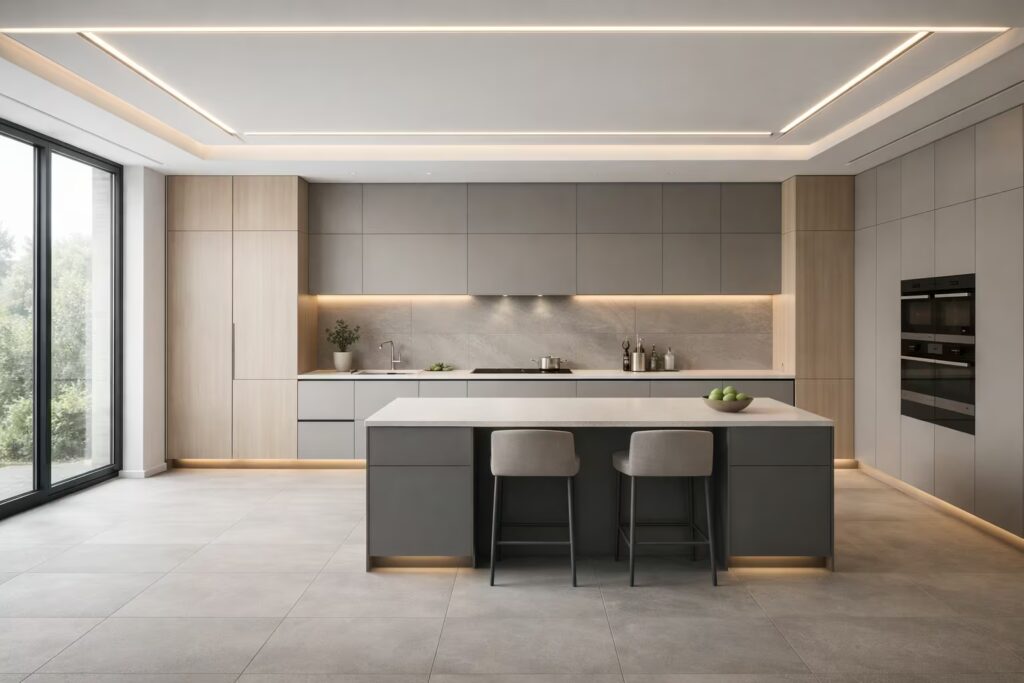 German-engineered modular kitchen with precision cabinetry, soft-close hardware, moisture-resistant core systems and structured workflow design by Cmilano