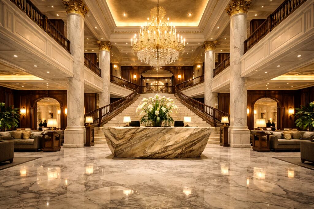 Grand luxury hotel lobby with marble floors and chandelier lighting designed by Cmilano.