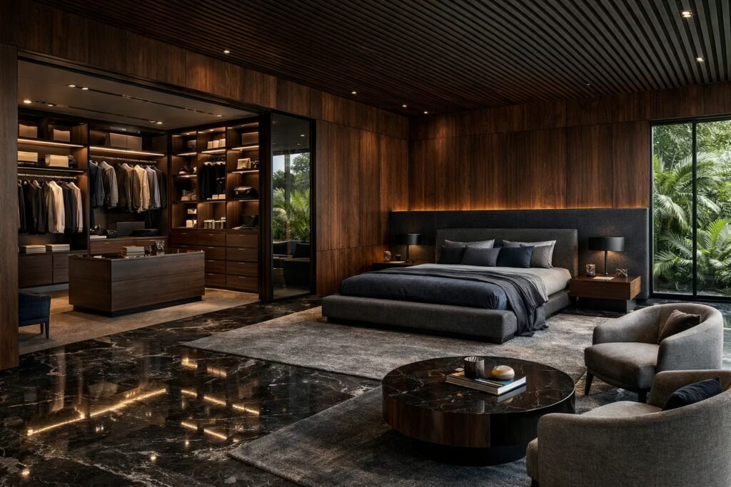 High-end master bedroom with integrated wardrobe system and contemporary Italian interior styling.