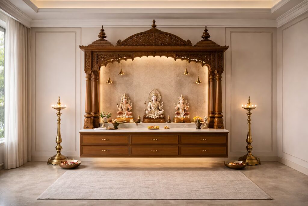 Indian teak wood pooja room with carved mandir and warm backlit stone panel.