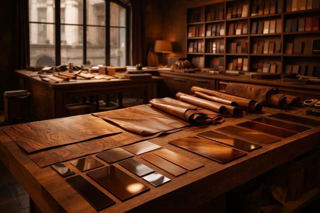 Italian artisan atelier showcasing hand-selected walnut veneers and leather finishes curated for refined interiors by Cmilano Chennai