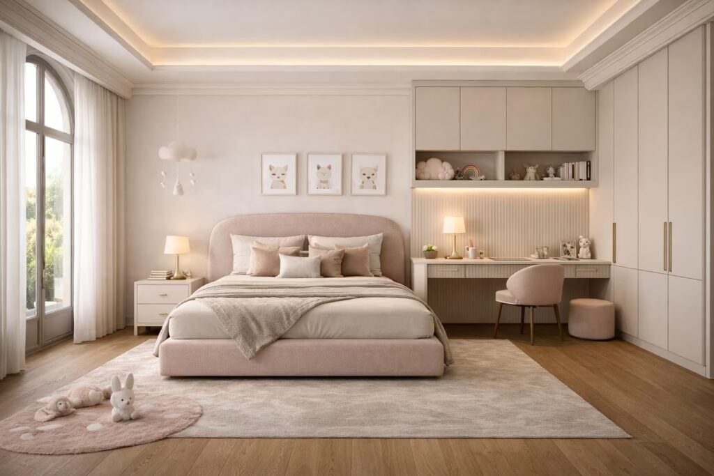 Italian blush and cream kids bedroom with modular wardrobe and study table.