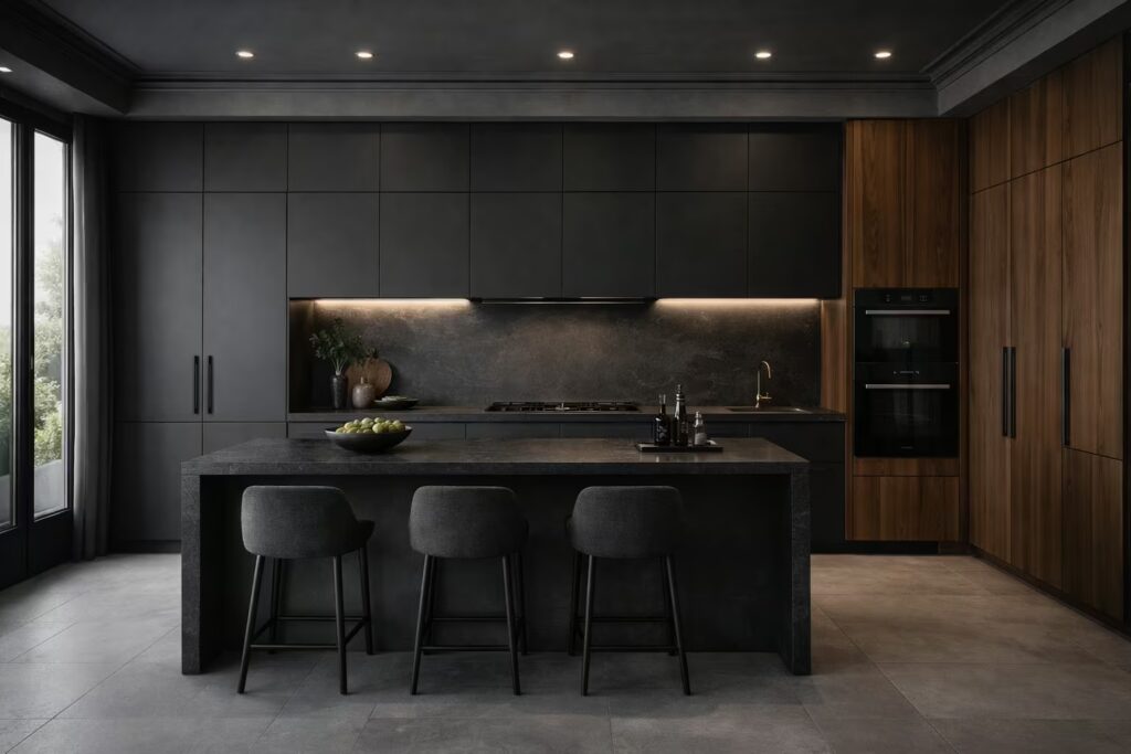Italian charcoal and walnut modular kitchen with black stone countertop.