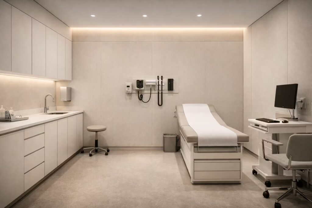 Italian clinical consultation room with sterile cabinetry and precision lighting – Cmilano