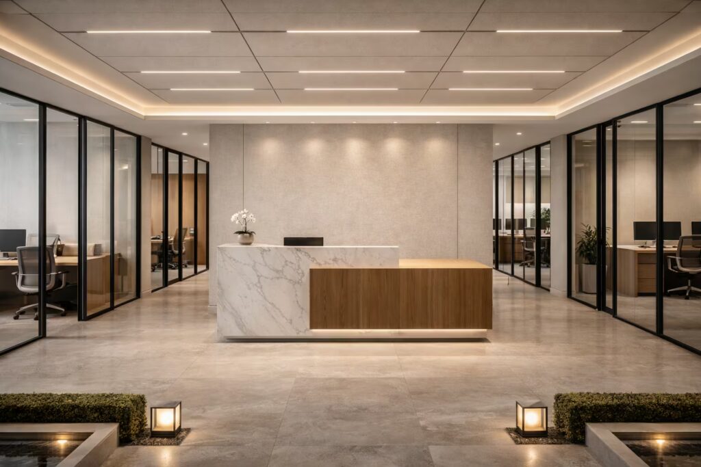 Italian corporate office interior with glass partitions, marble reception desk, and structured workstations.