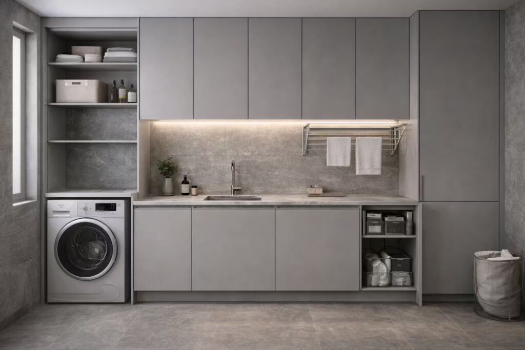 Italian grey utility space with integrated washing machine cabinet and drying rack system.