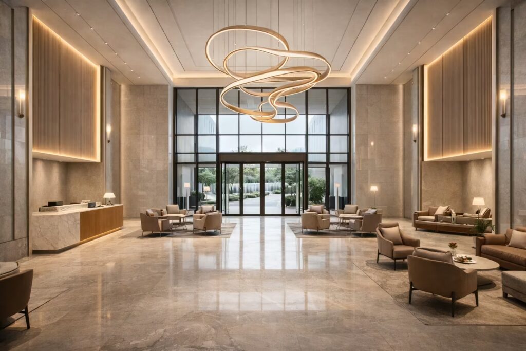 Italian luxury hotel lobby with marble flooring and sculptural chandelier lighting – Cmilano