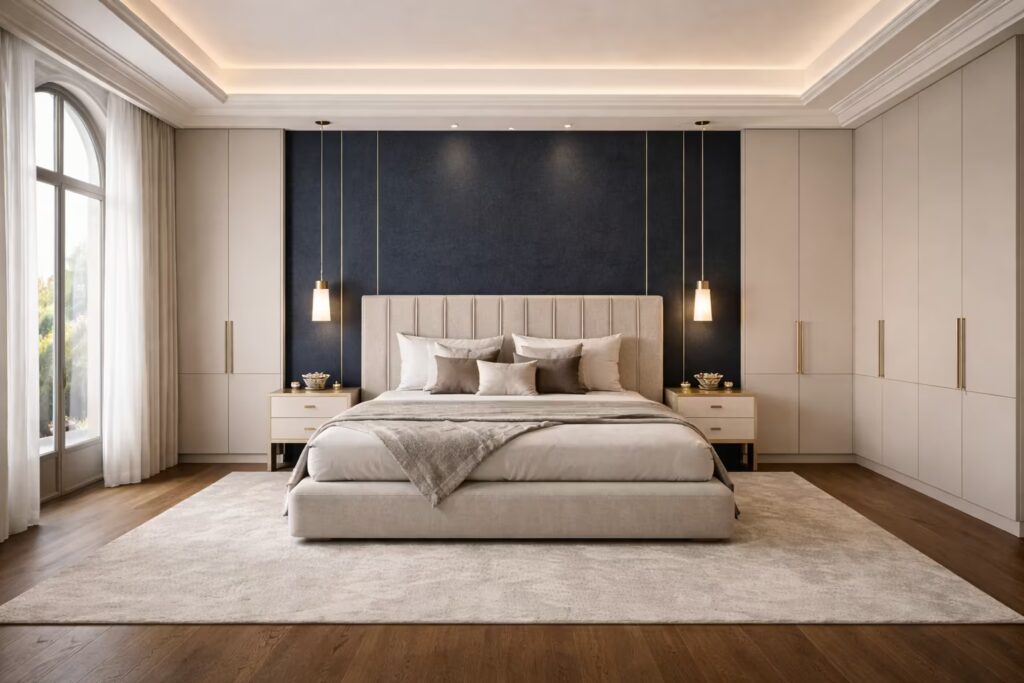 Italian luxury master bedroom with midnight blue accent wall and gold lighting accents.