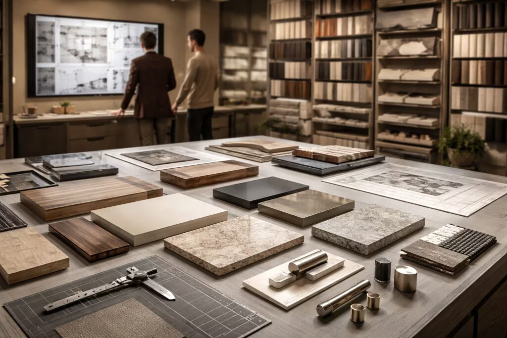 Italian material curation and precision execution studio with veneer samples and technical detailing – Cmilano