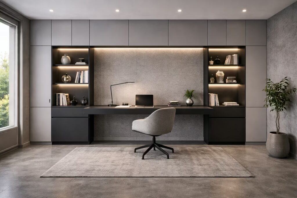 Italian modern home office with grey cabinetry and matte black desk.