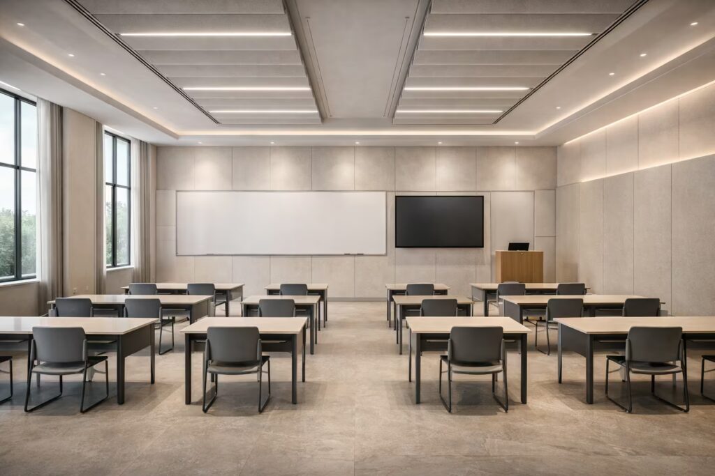 Italian-style classroom with ergonomic seating and acoustic ceiling design – Cmilano