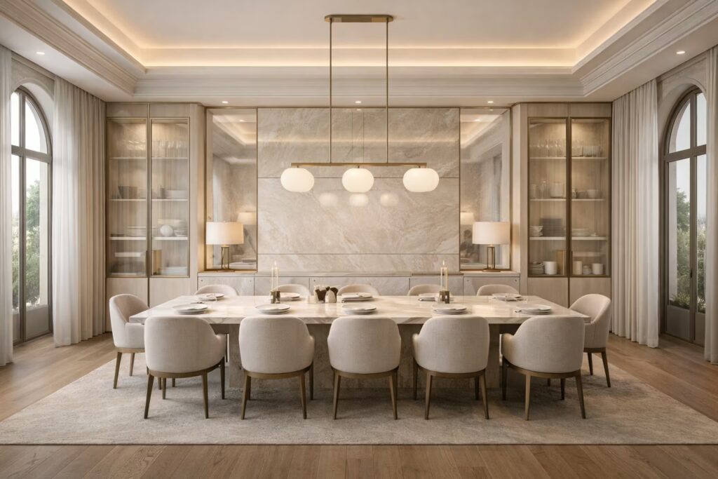 Italian-style luxury dining room with marble table, pendant lighting, and mirrored accents by Cmilano Interiors